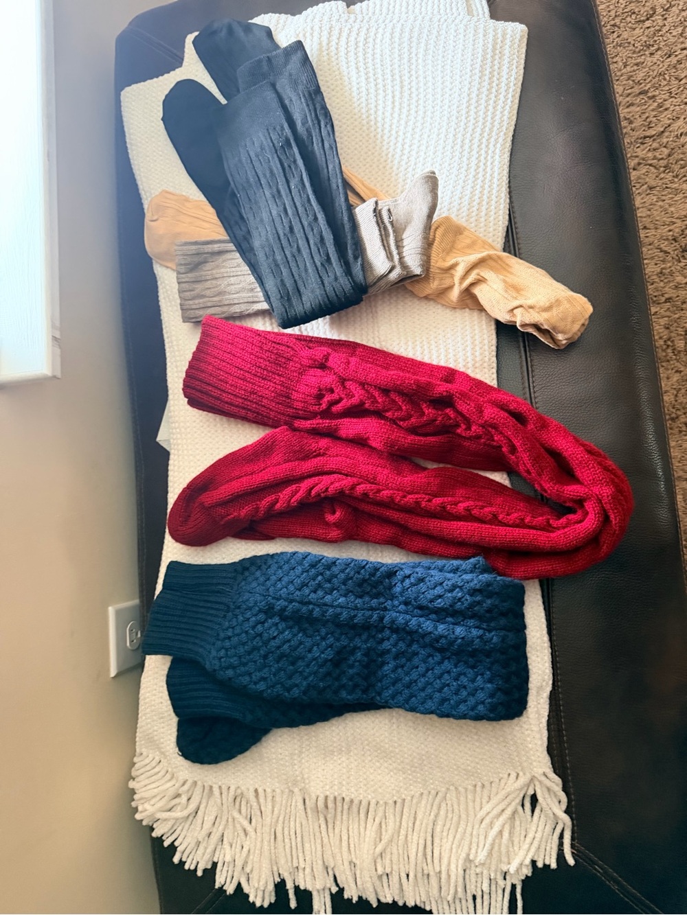 Knit Cable Knee-High Socks - Red, Navy, Black, Gray, Tan